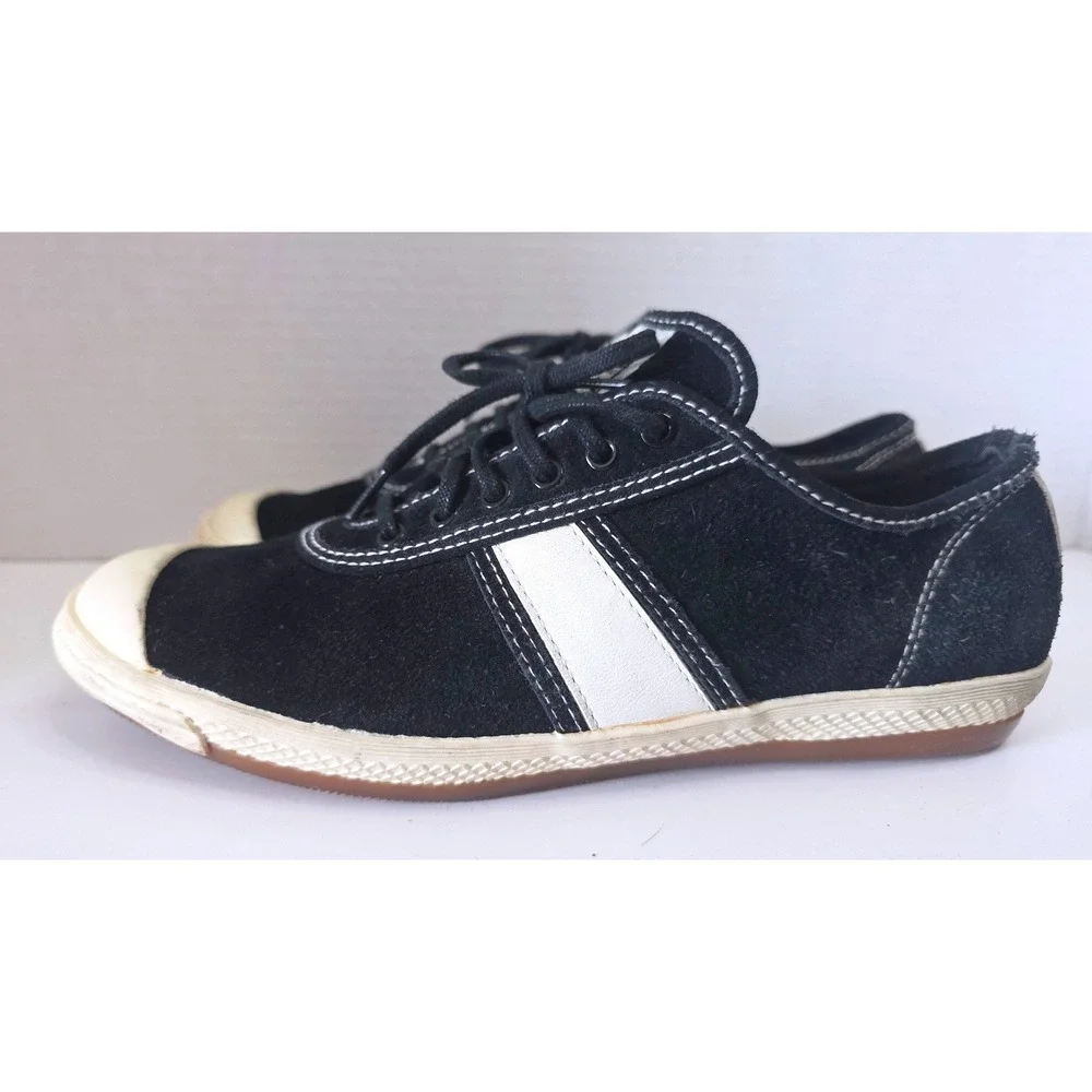 Polo‎ Sport Ralph Lauren Black Suede Low Top Sneakers White Stripe 8B Retro 90s